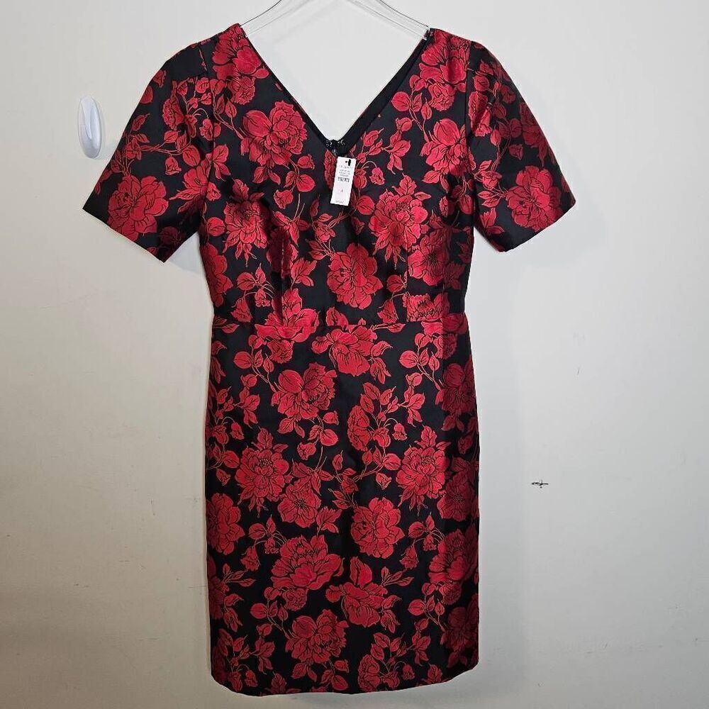 Talbots Back Bow Floral Jacquard A-Line Dress Size 4 NWT Red Black